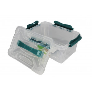 Műanyag Clipp doboz, 6,6 l, átlátszó, kék részletekkel, 29x19x18 cm - UTOLSÓ 5 DB